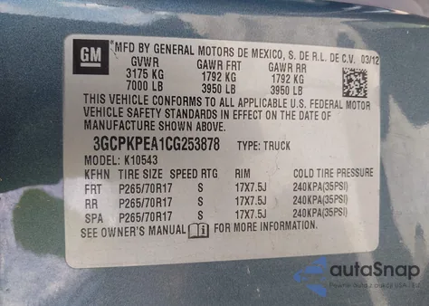 2012 Chevrolet Silverado 1500 Work Truck z USA, uszkodzony, nr VIN 3GCPKPEA1CG253878